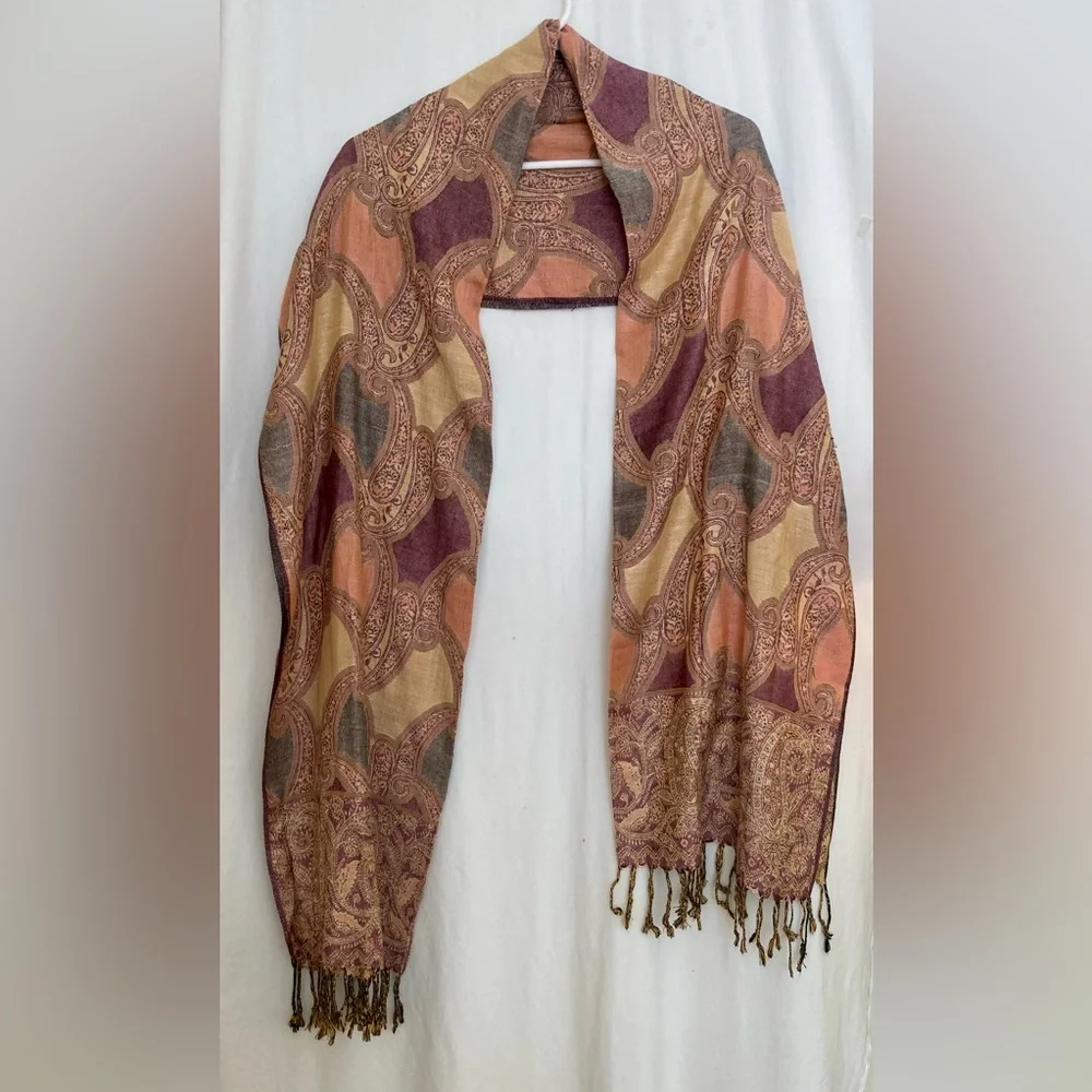 Dimri Orange & Brown Print Rayon Shawl Scarf Wrap Oversized 84” x 26”